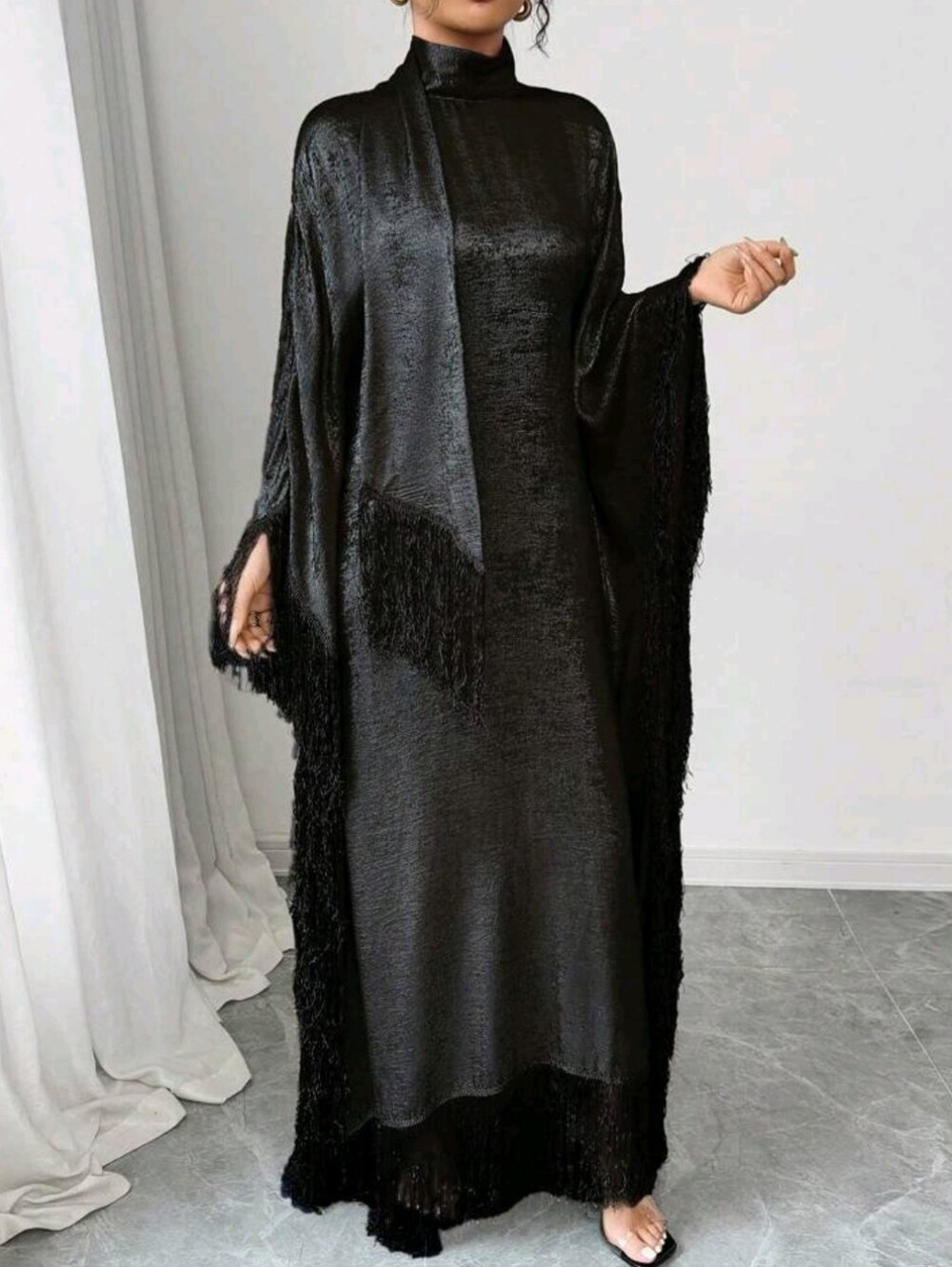 Black Fringe Kaftan Maxi Dress